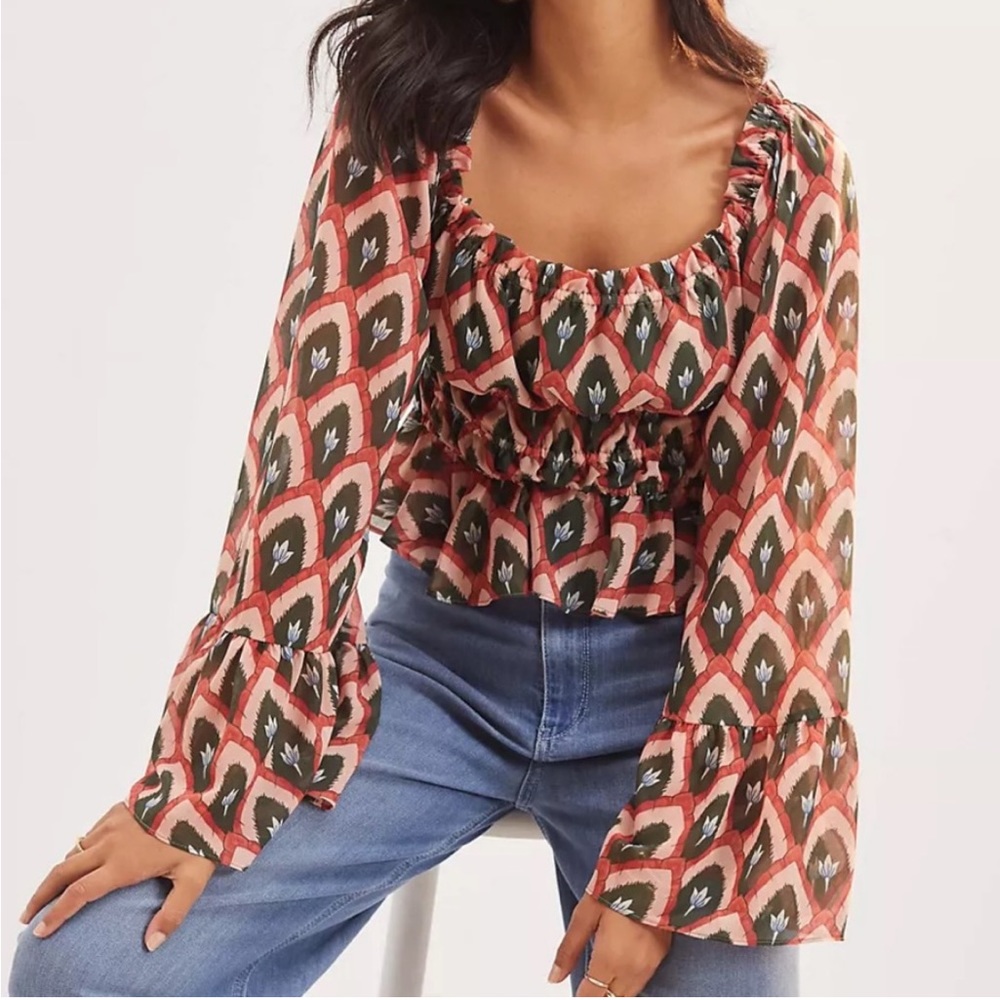 Anthropologie Hutch Smocked Puff-
Sleeve Blouse
